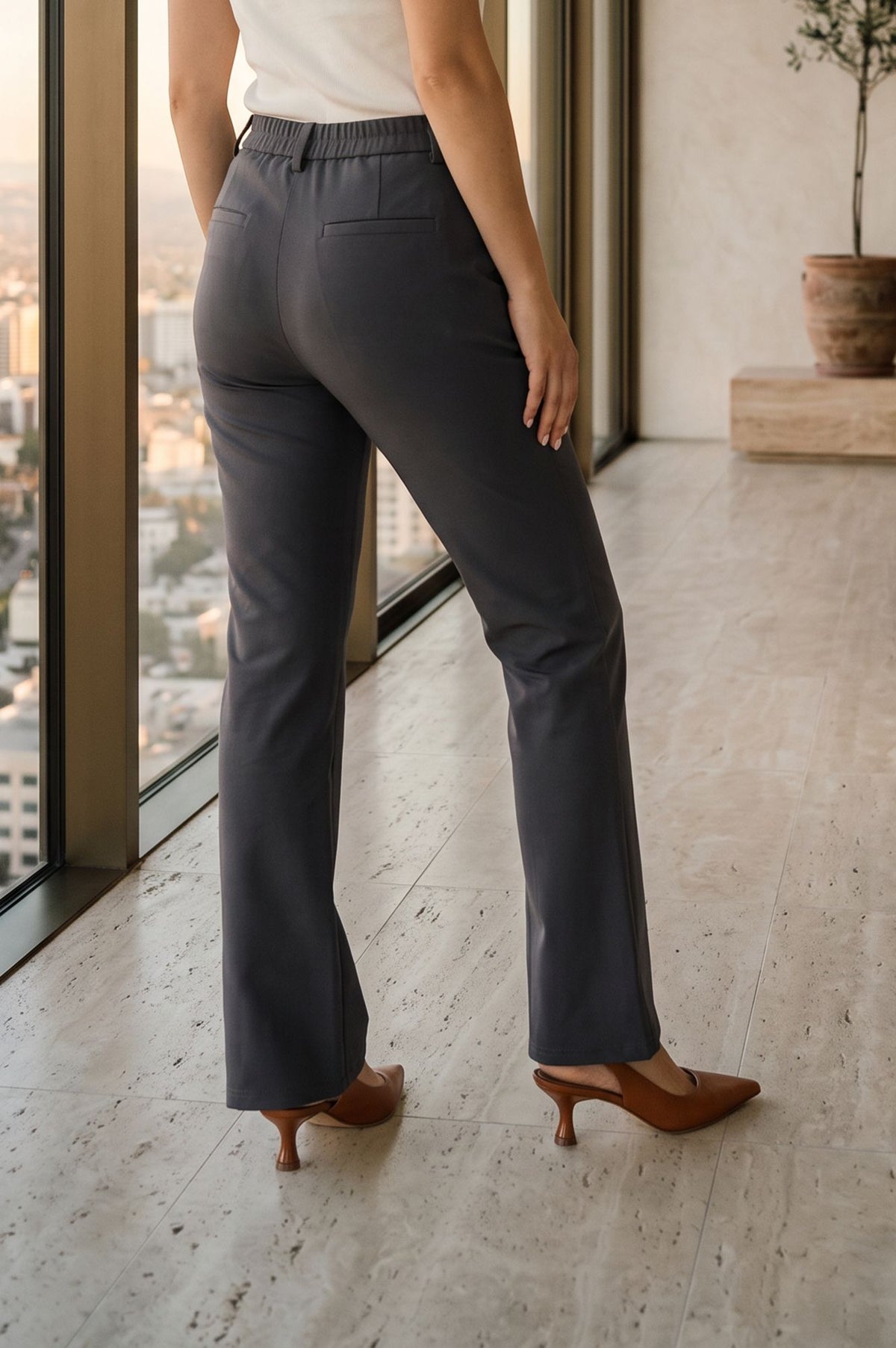 Charcoal Solid Buttons Rayon Straight Fit Ankle Length Pants