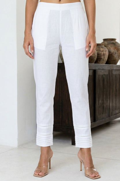 White Solid Lace Pintucks Cotton Blend Tapered Fit Ankle Length Trousers