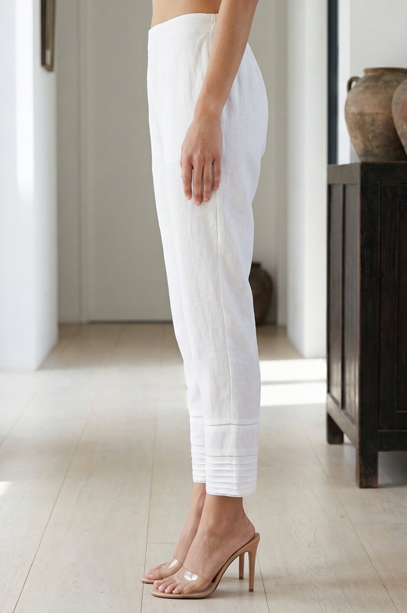 White Solid Lace Pintucks Cotton Blend Tapered Fit Ankle Length Trousers