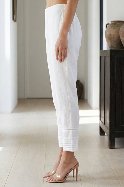 White Solid Lace Pintucks Cotton Blend Tapered Fit Ankle Length Trousers