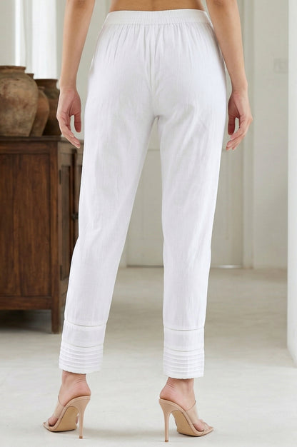 White Solid Lace Pintucks Cotton Blend Tapered Fit Ankle Length Trousers