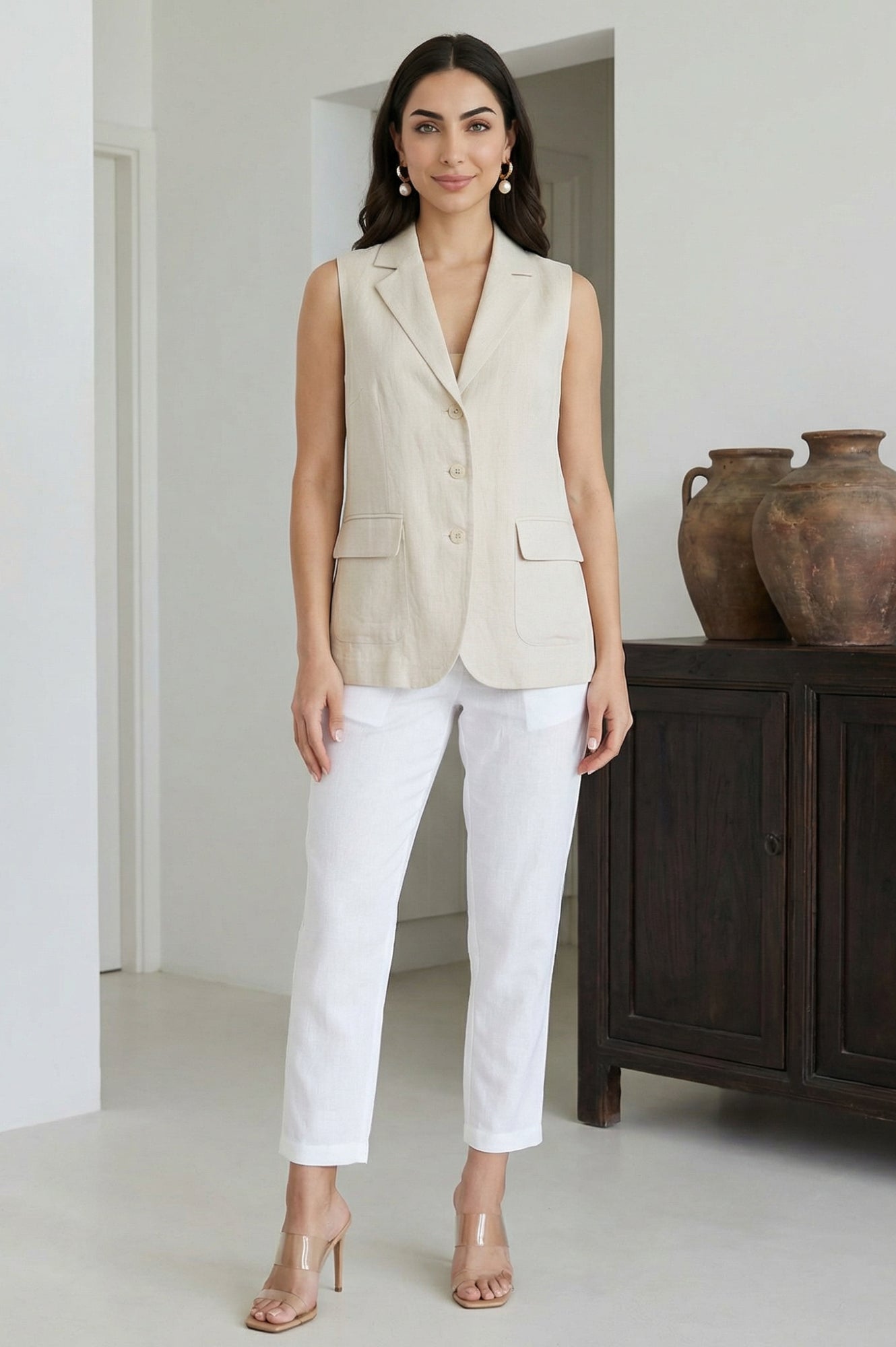 White Solid Lace Pintucks Cotton Blend Tapered Fit Ankle Length Trousers