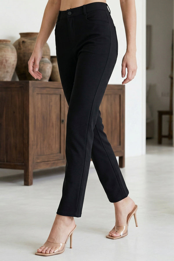 Black Solid Rayon Blend Slim Fit Ankle Length Pants