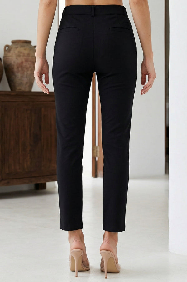 Black Solid Rayon Blend Slim Fit Ankle Length Pants