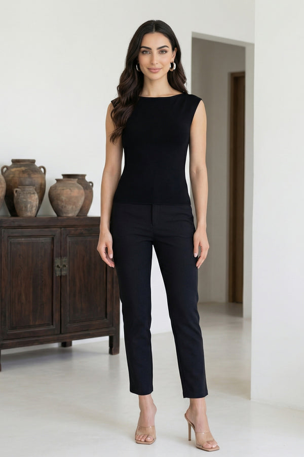 Black Solid Rayon Blend Slim Fit Ankle Length Pants