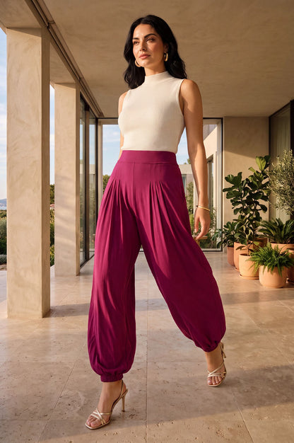Magenta Solid Pocket Flap Jogger Ankle Length Mid Rise Harem Pants