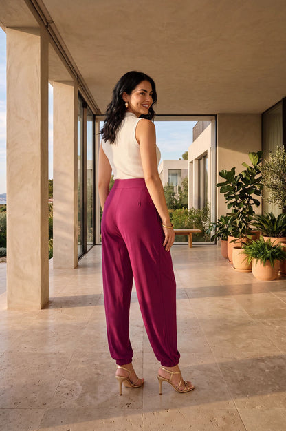 Magenta Solid Pocket Flap Jogger Ankle Length Mid Rise Harem Pants