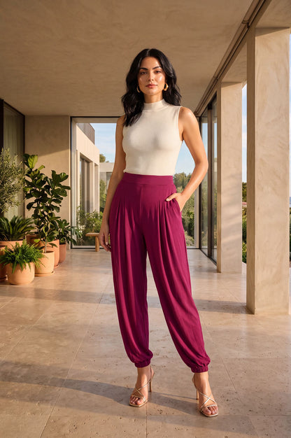 Magenta Solid Pocket Flap Jogger Ankle Length Mid Rise Harem Pants