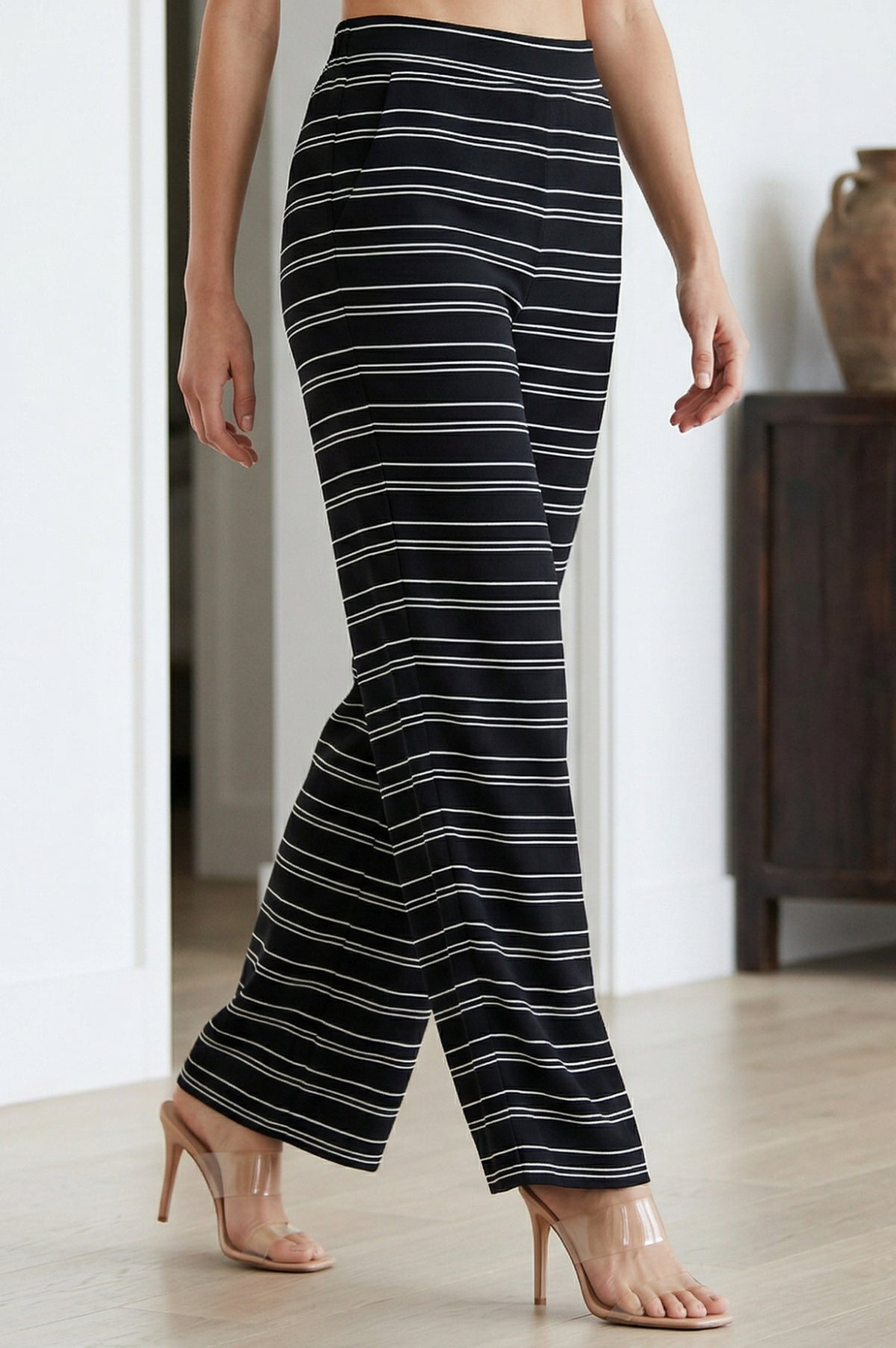 Black Yarn Dyed Striped Cotton Blend Straight Fit Ankle Length Trousers