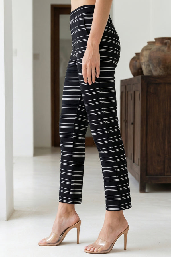 Black Yarn Dyed Striped Cotton Blend Straight Fit Ankle Length Trousers