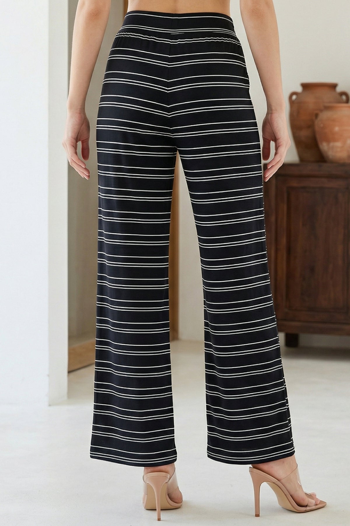 Black Yarn Dyed Striped Cotton Blend Straight Fit Ankle Length Trousers