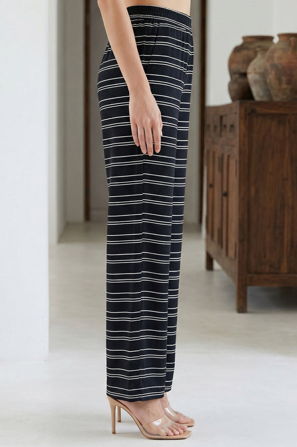 Black Yarn Dyed Striped Cotton Blend Straight Fit Ankle Length Trousers