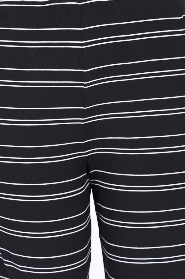 Black Yarn Dyed Striped Cotton Blend Straight Fit Ankle Length Trousers