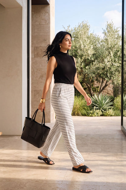 Off White Yarn Dyed Cotton Relaxed Fit Straight Ankle Length Trousers