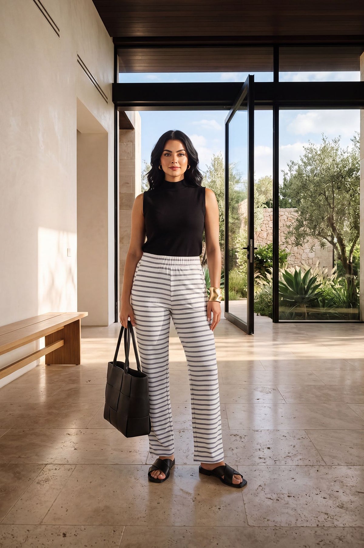 Off White Yarn Dyed Cotton Relaxed Fit Straight Ankle Length Trousers