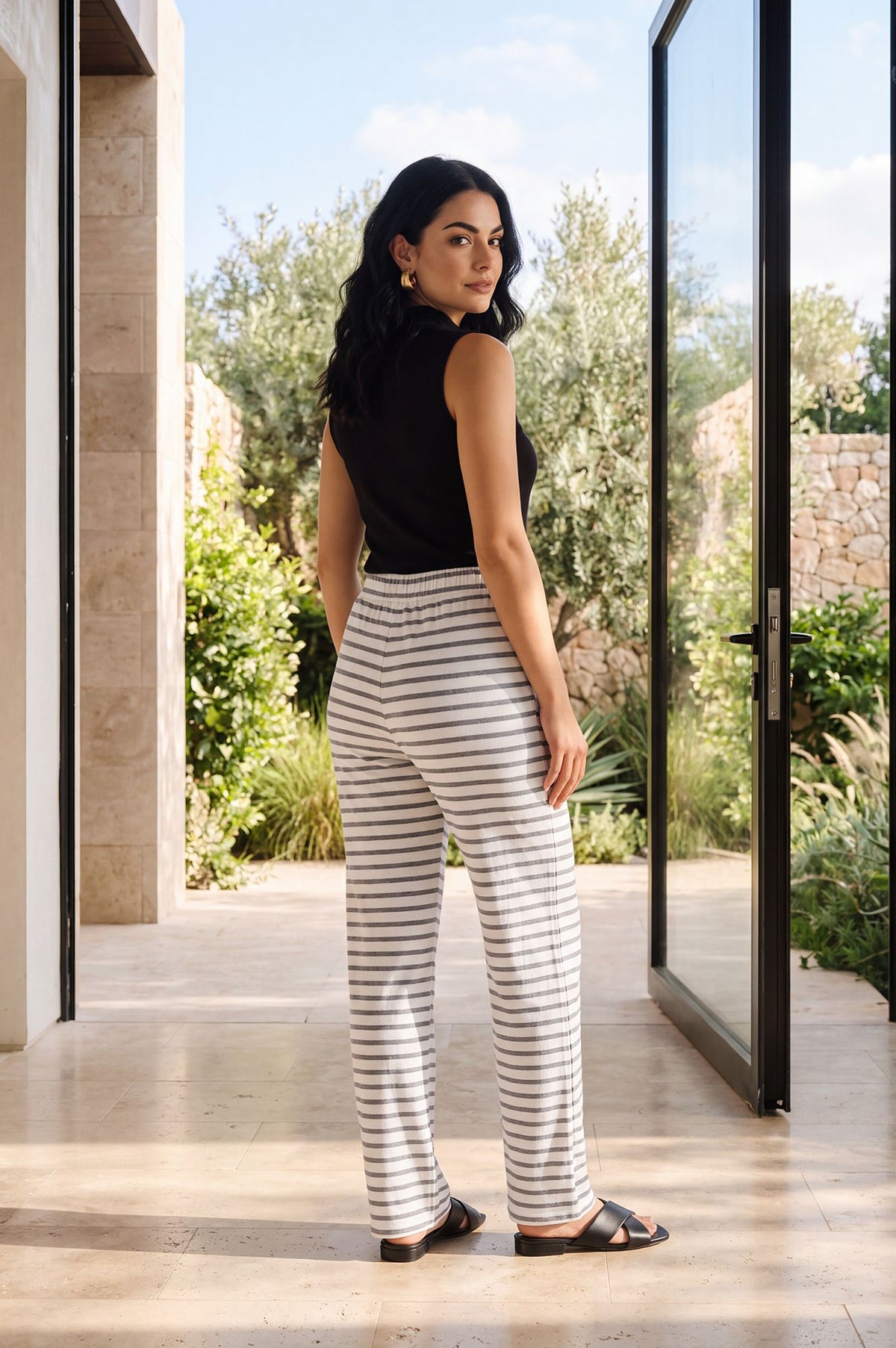 Off White Yarn Dyed Cotton Relaxed Fit Straight Ankle Length Trousers