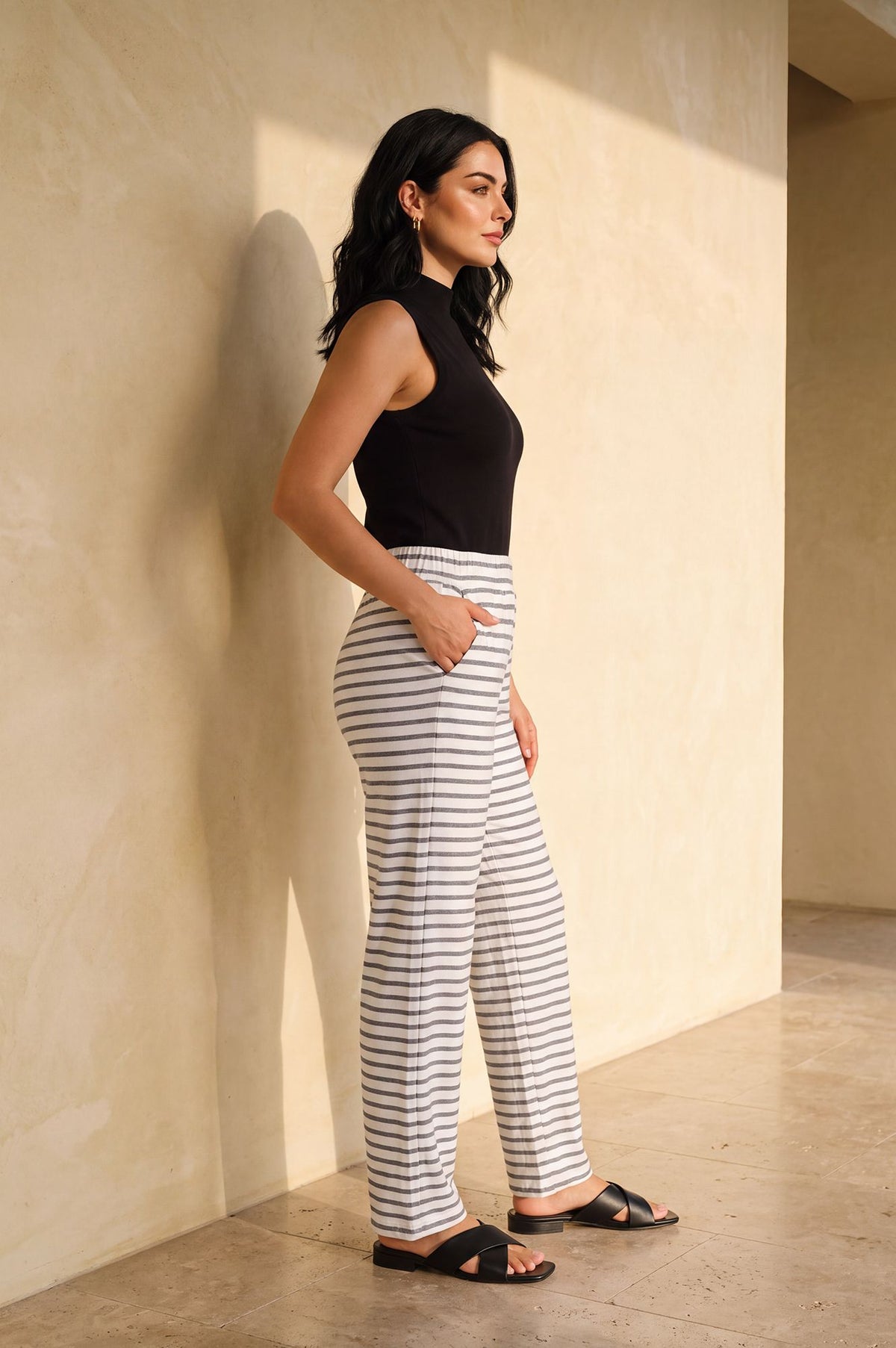 Off White Yarn Dyed Cotton Relaxed Fit Straight Ankle Length Trousers