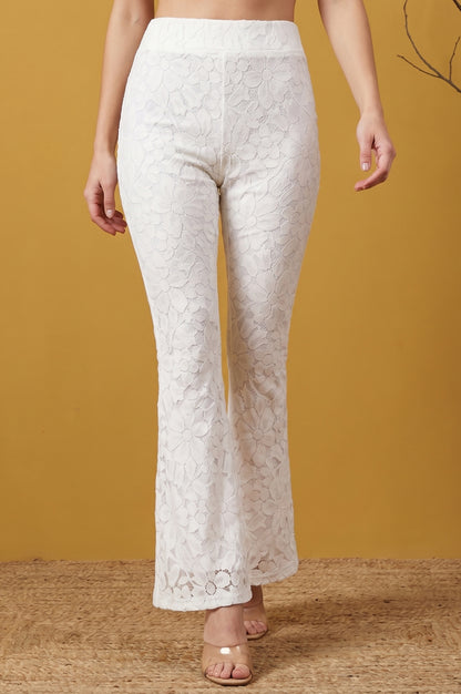 Off White Yarn Dyed Textured Lace Boot-cut Ankle Length Palazzo