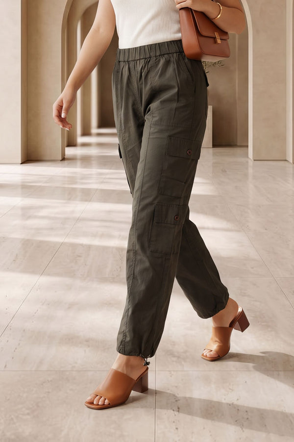 Olive Solid Pure Cotton Straight Fit Ankle Length Cargo