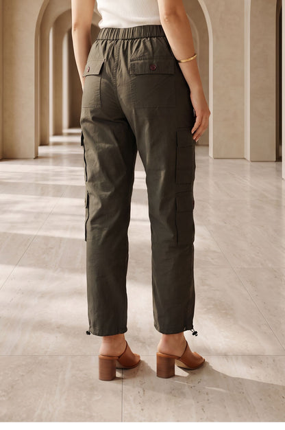 Olive Solid Pure Cotton Straight Fit Ankle Length Cargo