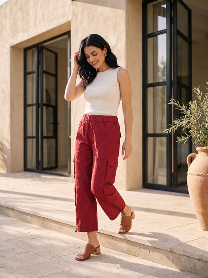 Maroon Solid Pure Cotton Ankle Length Cargo
