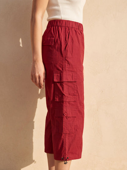 Maroon Solid Pure Cotton Ankle Length Cargo