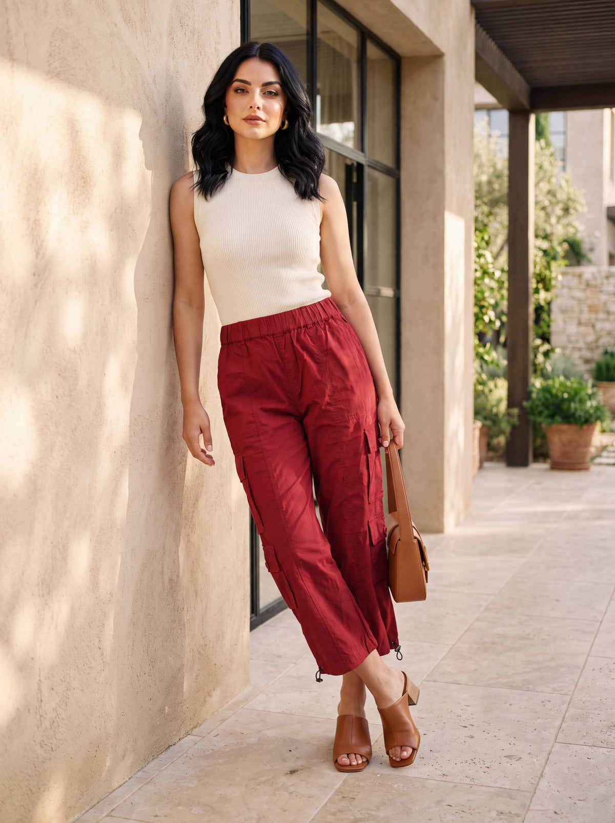 Maroon Solid Pure Cotton Ankle Length Cargo