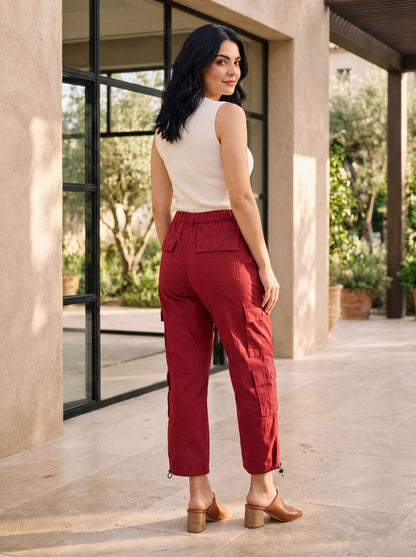 Maroon Solid Pure Cotton Ankle Length Cargo