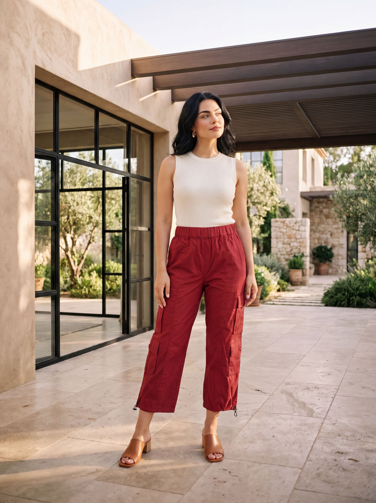Maroon Solid Pure Cotton Ankle Length Cargo