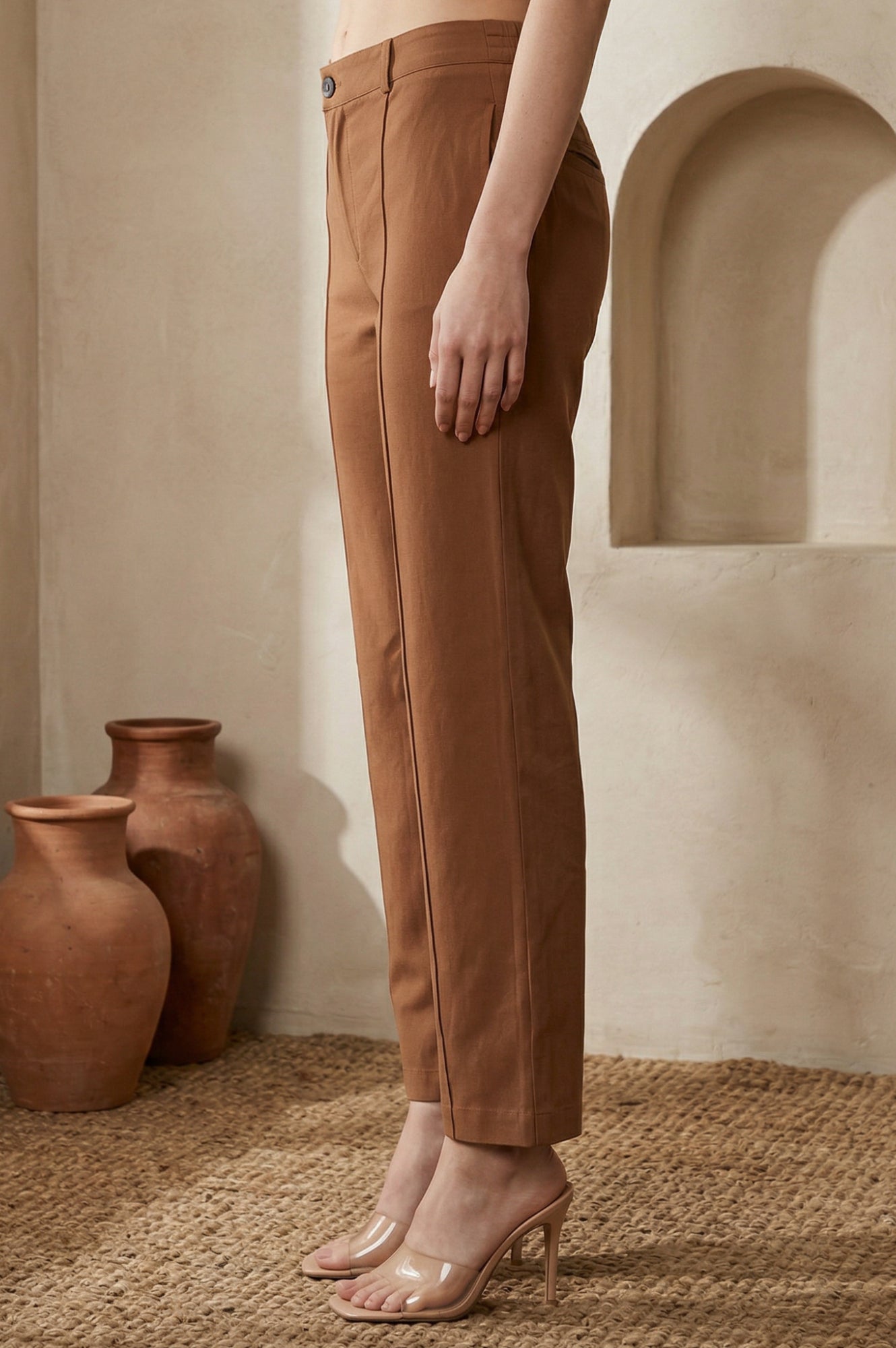 Brown Solid Rayon Straight Fit Ankle Length Pants
