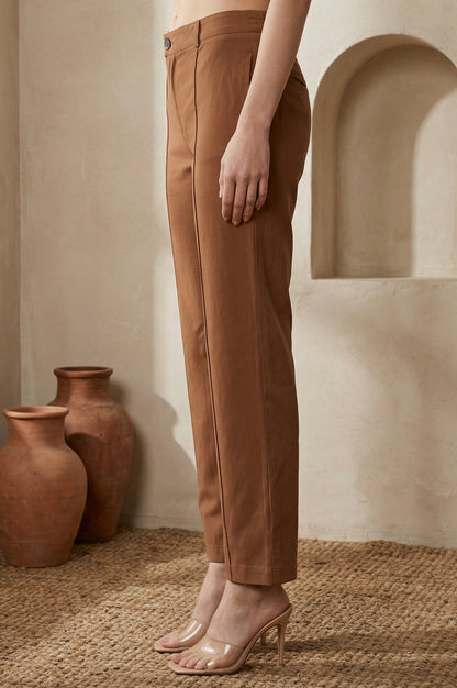 Brown Solid Rayon Straight Fit Ankle Length Pants