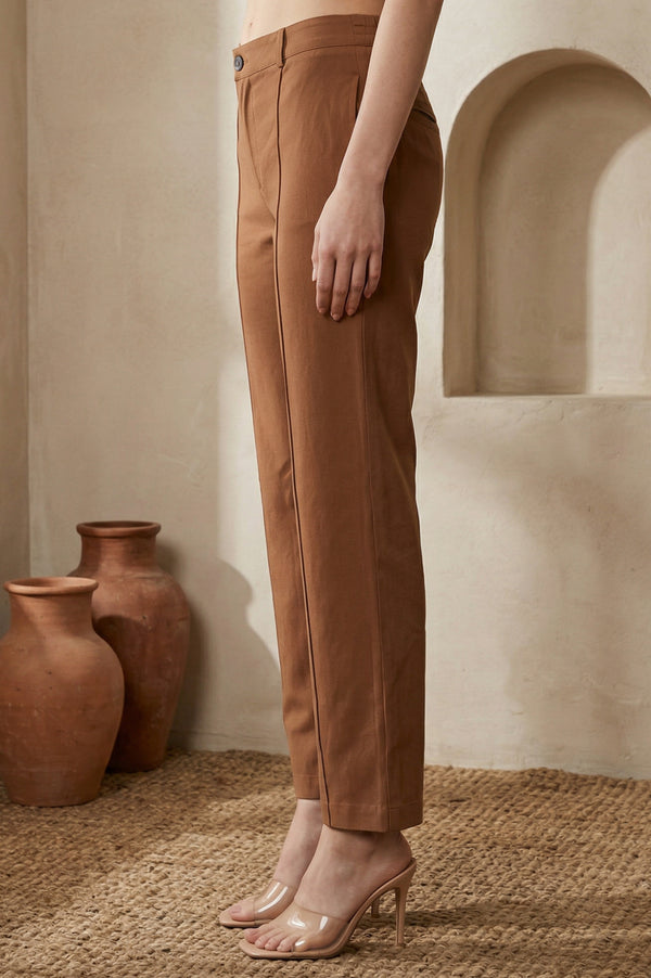 Brown Solid Rayon Straight Fit Ankle Length Pants