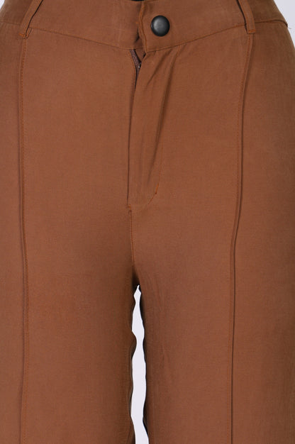 Brown Solid Rayon Straight Fit Ankle Length Pants