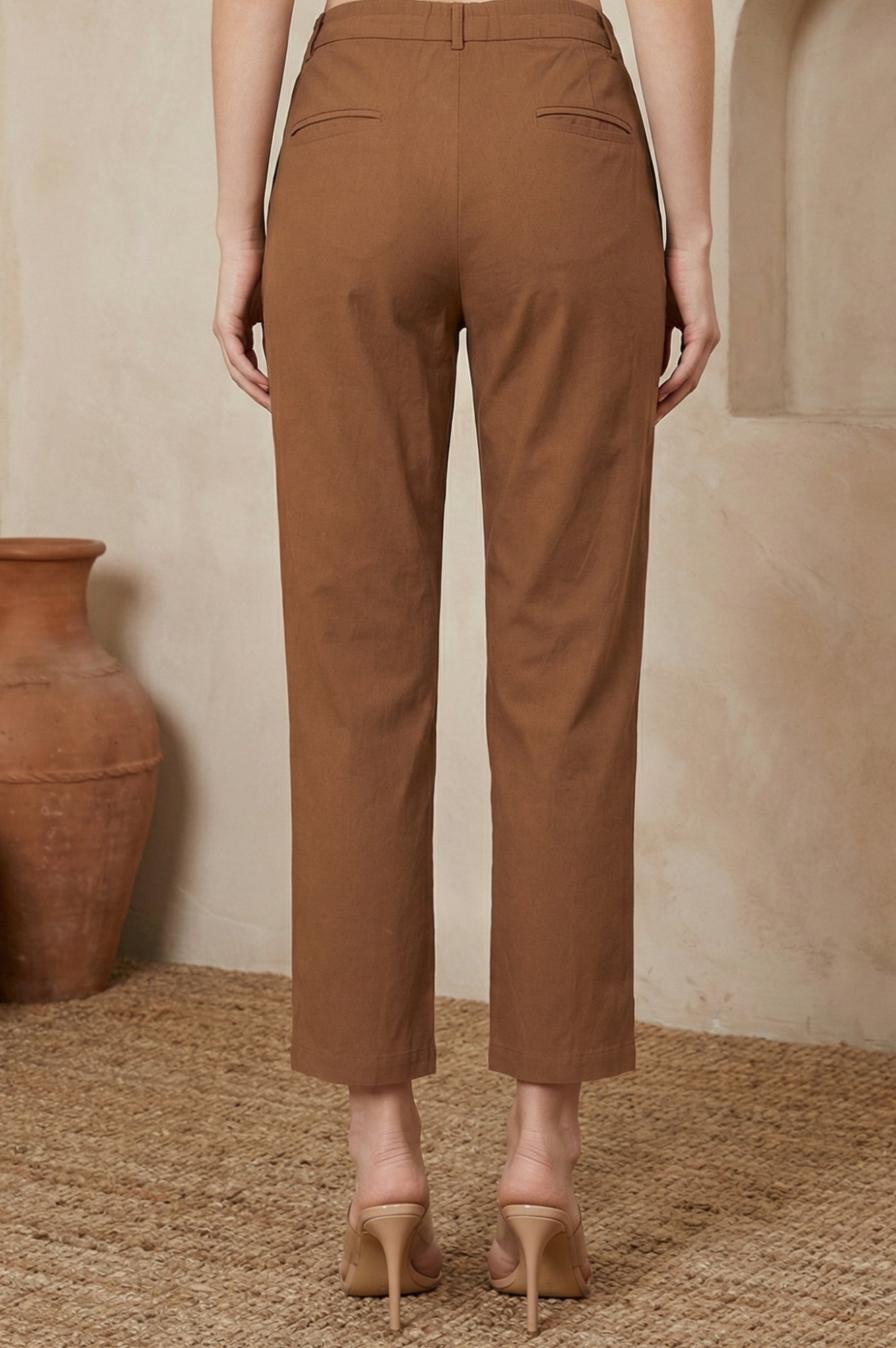 Brown Solid Rayon Straight Fit Ankle Length Pants