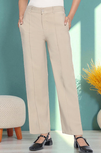 Beige Solid Korea Rayon Twill Pants In Ankle Length with YKK Zipper