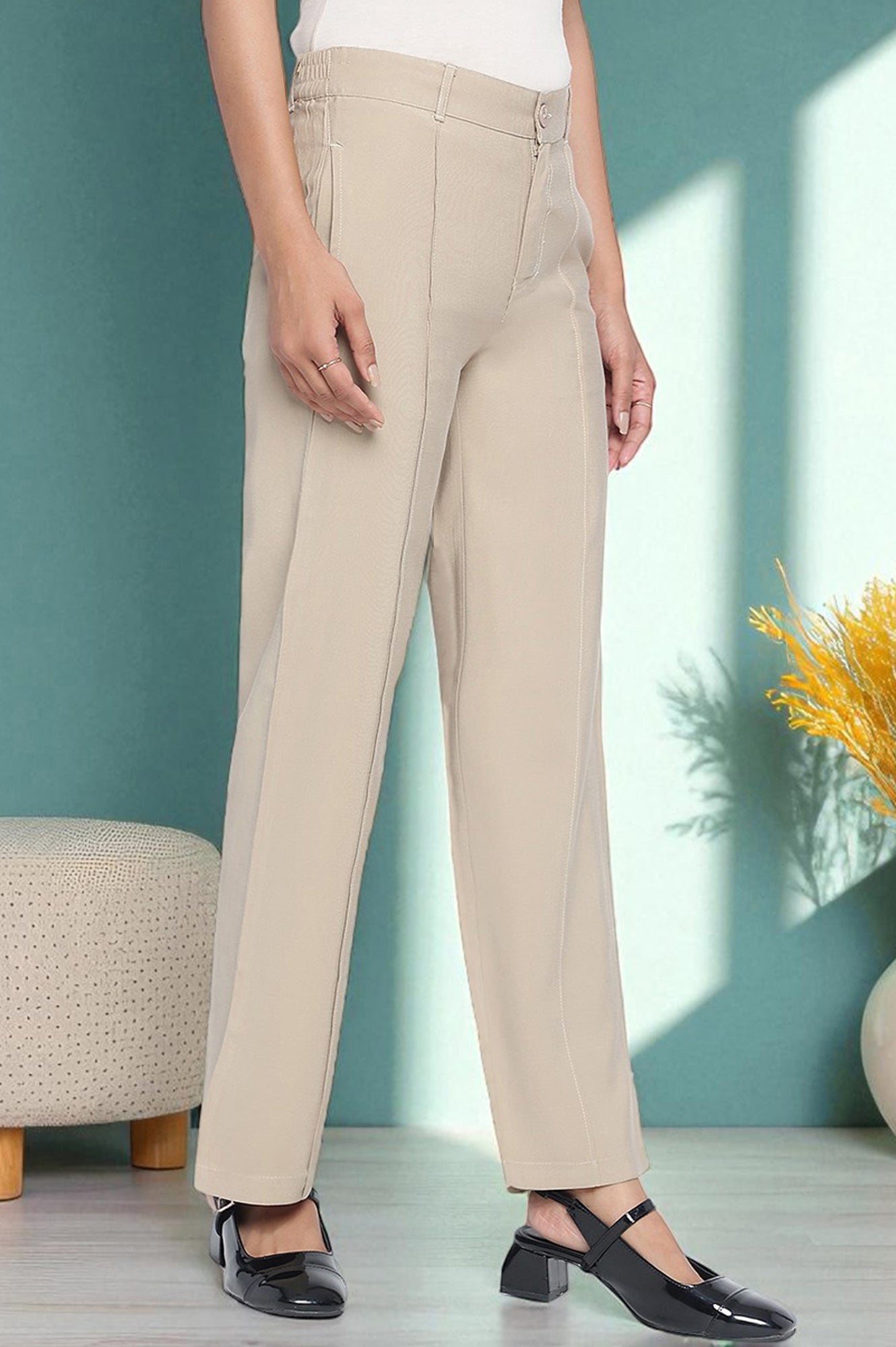 Beige Solid Korea Rayon Twill Pants In Ankle Length with YKK Zipper