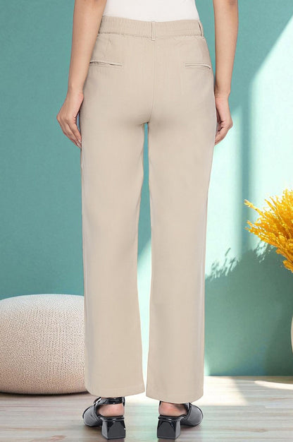 Beige Solid Korea Rayon Twill Pants In Ankle Length with YKK Zipper