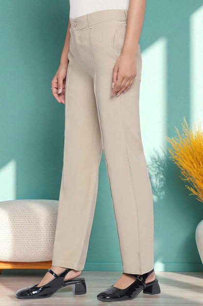 Beige Solid Korea Rayon Twill Pants In Ankle Length with YKK Zipper