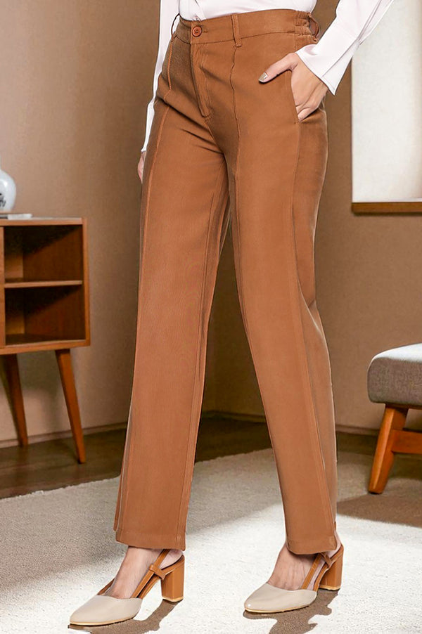 Brown Solid Korean Rayon Formal Parallel Pants with YKK Zipper