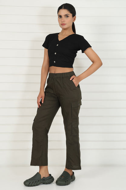 Olive Solid Pure Cotton Cargo