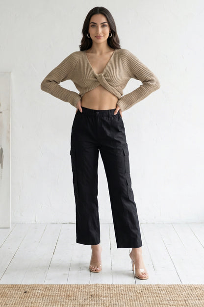 Black Solid Pure Cotton Ankle Length Cargo