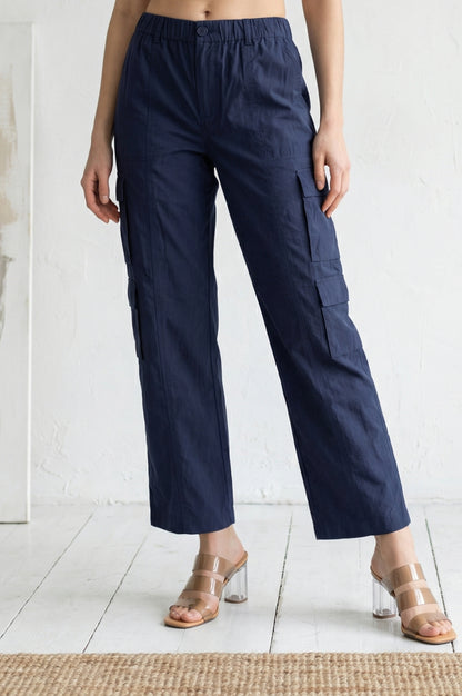 Navy Blue Solid Pure Cotton Ankle Length Cargo