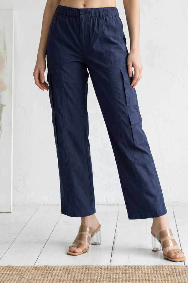 Navy Blue Solid Pure Cotton Ankle Length Cargo