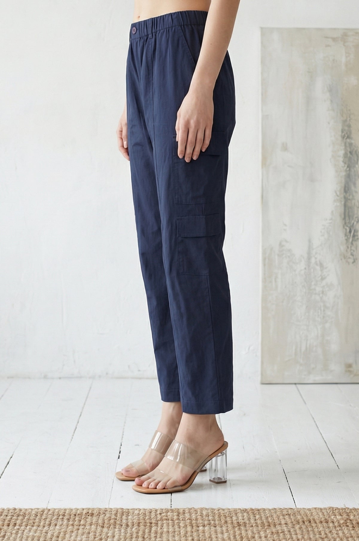 Navy Blue Solid Pure Cotton Ankle Length Cargo