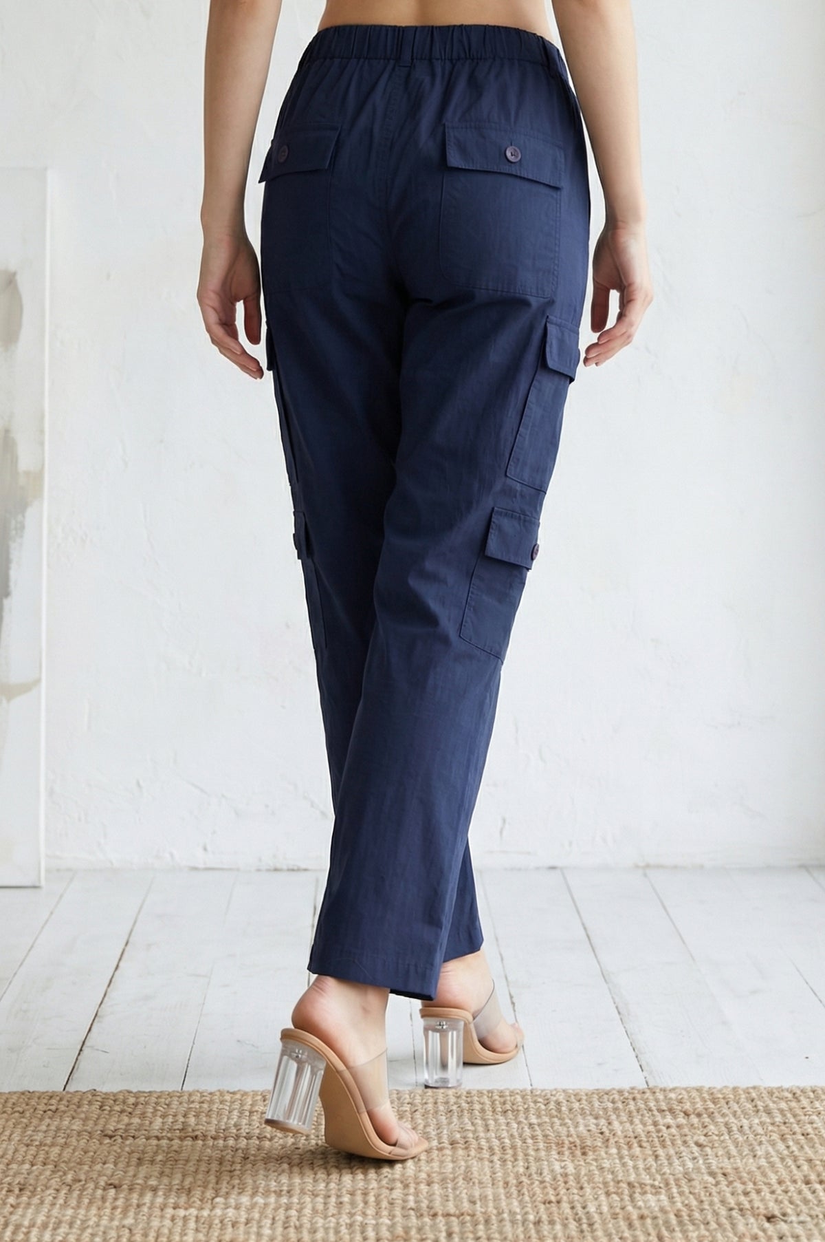 Navy Blue Solid Pure Cotton Ankle Length Cargo