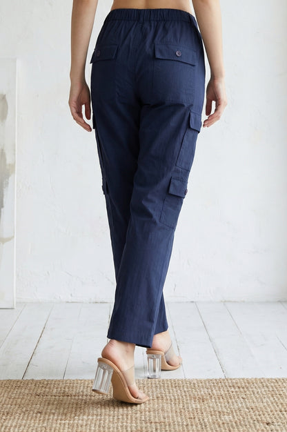 Navy Blue Solid Pure Cotton Ankle Length Cargo