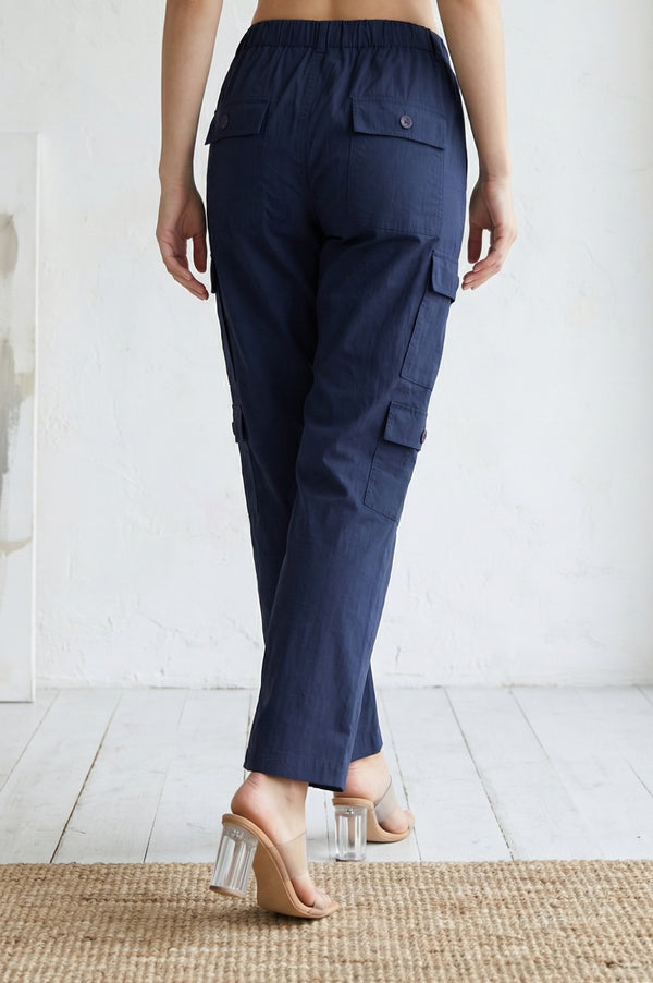 Navy Blue Solid Pure Cotton Ankle Length Cargo