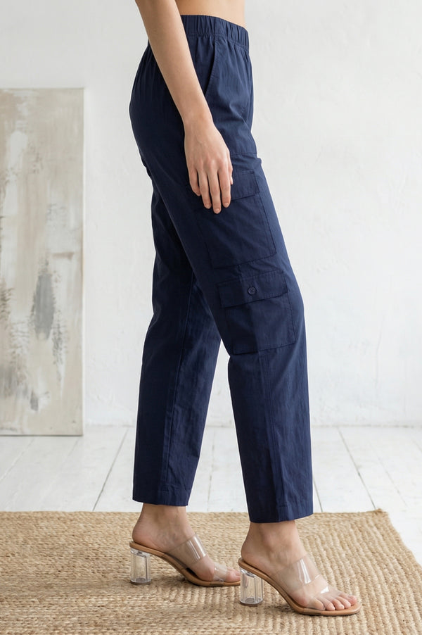 Navy Blue Solid Pure Cotton Ankle Length Cargo