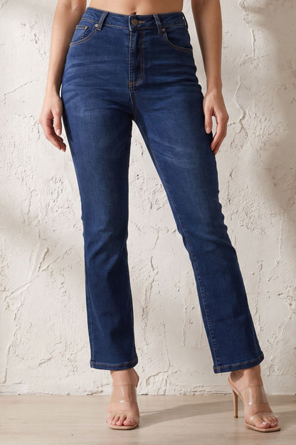 Blue Solid Denim Lycra Straight Fit Ankle Length Jeans