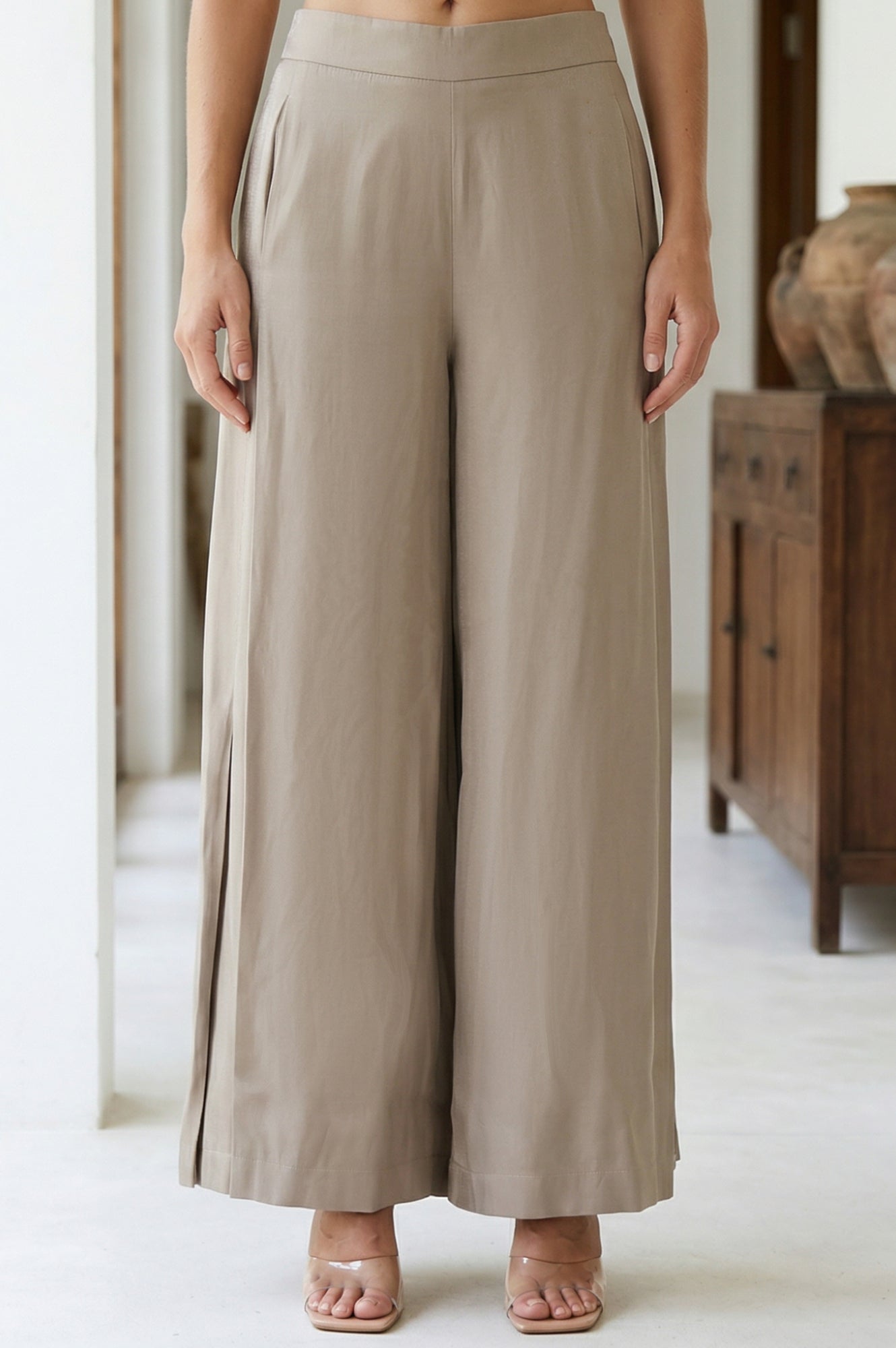 Beige Yarn Dyed Solid Rayon Wide Leg Palazzo
